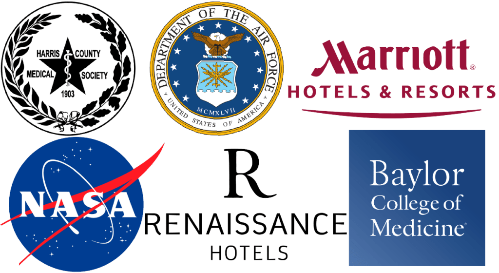 Logos of previous clients, which are Harris County Medical Society, Department of the Air Force, Marriott Hotels & Resorts, NASA, Renaissance Hotels, and Baylor College of Medicine.